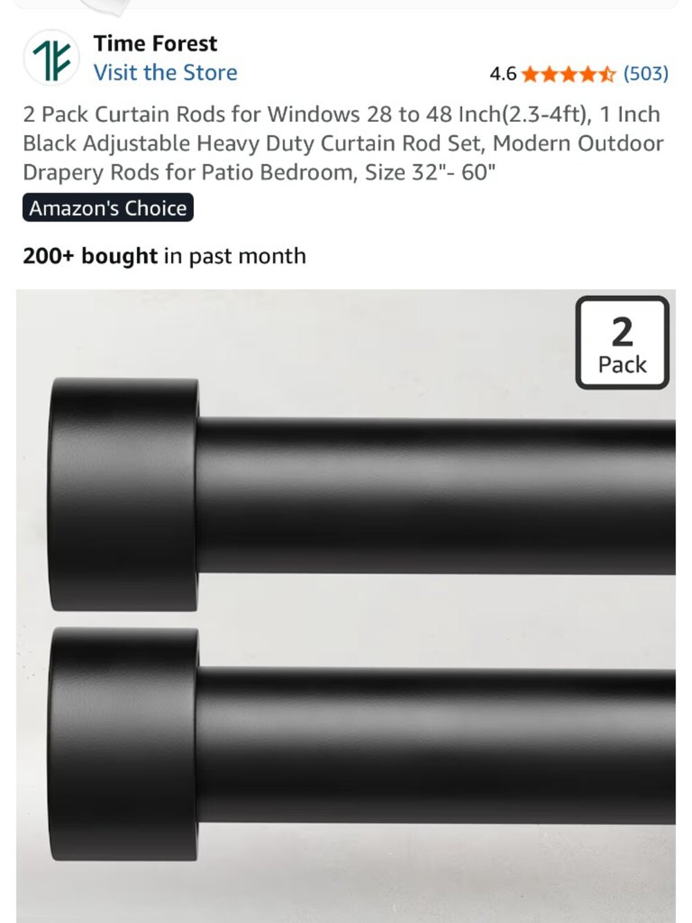 Time Forest Adjustable Curtain Rods 28-48 Inch Black 2 Pack